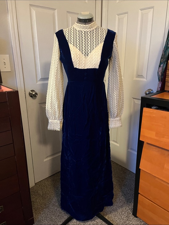 Vintage Dresses & Skirts - 1970's Handmade Velvet Edwardian Revival Maxi Dress, Size 0/2